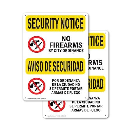 Signmission No Firearms By City Bilingual OSHA Security Notice Sign, Aluminum, 7in W x 10in L, 2PK OS-2PACK-SN-A-710-L-11603